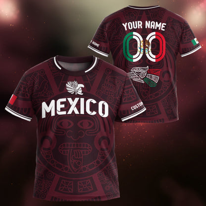 Custom Mexico Kids Soccer Jersey Burgundy Heritage Flag Aztec Pattern Design