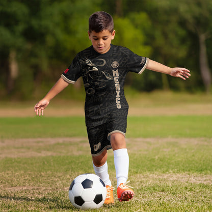 Custom Mexico Kids Soccer Jersey Black Gold Heritage Eagle Snake