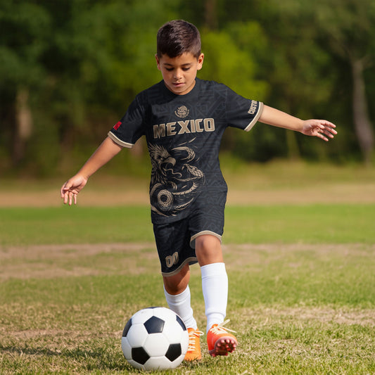 Custom Mexico Kids Soccer Jersey Black Gold Aztec Eagle Serpent Design