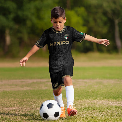 Custom Mexico Kids Soccer Jersey Black Gold Aztec Calendar Design