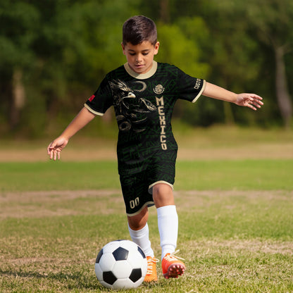 Custom Mexico Kids Soccer Jersey Black Gold Aztec Eagle & Serpent Design