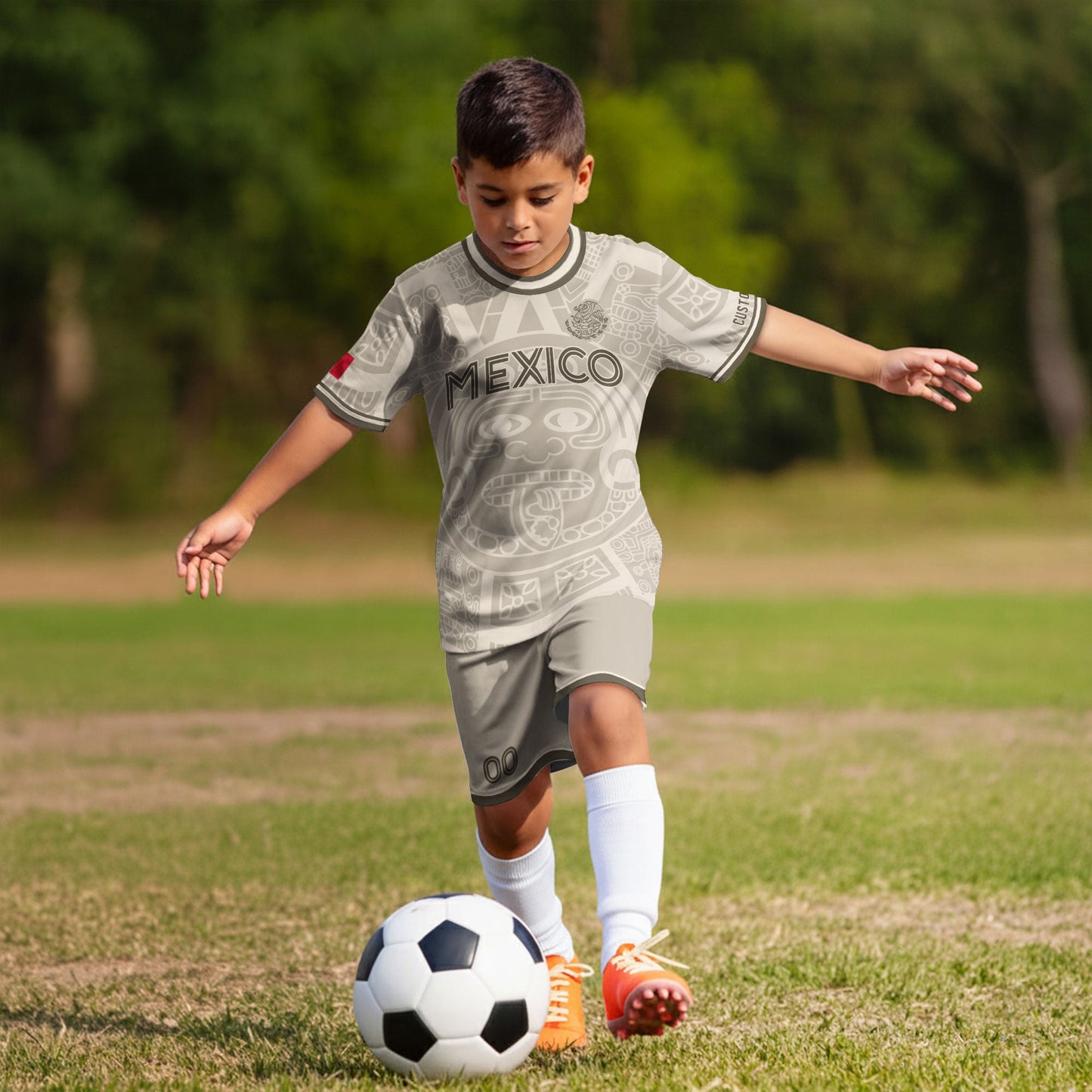 Custom Mexico Kids Soccer Jersey Beige Aztec Calendar Heritage Design