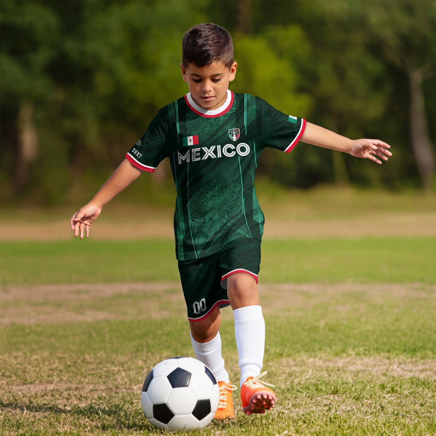 Custom Kids Mexico Soccer Jersey Green Aztec Calendar Design