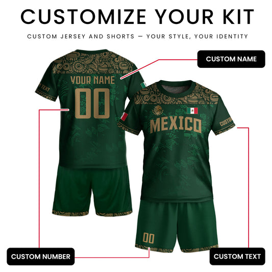 Custom Mexico Kids Soccer Jersey Green Aztec Eagle Edition