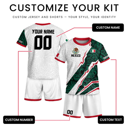 Custom Mexico Kids Soccer Jersey White Green Aztec Design
