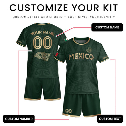 Custom Mexico Kids Soccer Jersey Green Gold Aztec Calendar Heritage Design