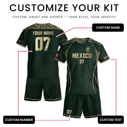 Custom Kids Mexico Soccer Jersey Dark Green Aztec Eagle Design