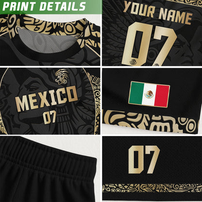 Custom Kids Mexico Soccer Jersey Black Gold Aztec Eagle Design