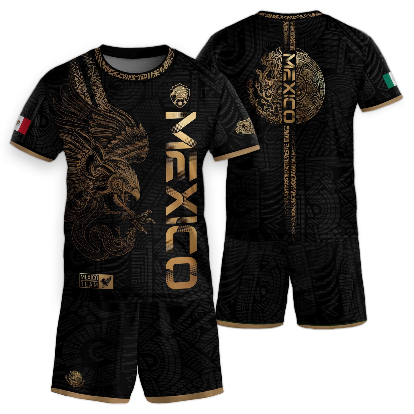 Mexico Black Gold Eagle Vertical Print Youth Fan Soccer Jersey