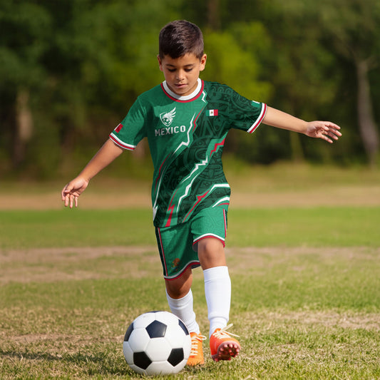 Mexico Kids Soccer Jersey Green Aztec Pattern Crest Design