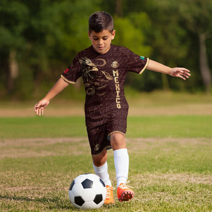 Mexico Kids Soccer Jersey Burgundy Gold Aztec Eagle Serpent Design