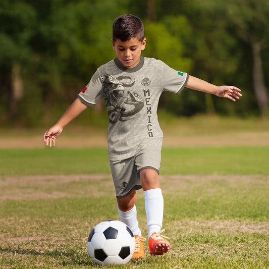 Mexico Kids Soccer Jersey Beige Brown Aztec Eagle Serpent Design