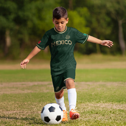 Mexico Kids Soccer Jersey Green Gold Aztec Calendar Design