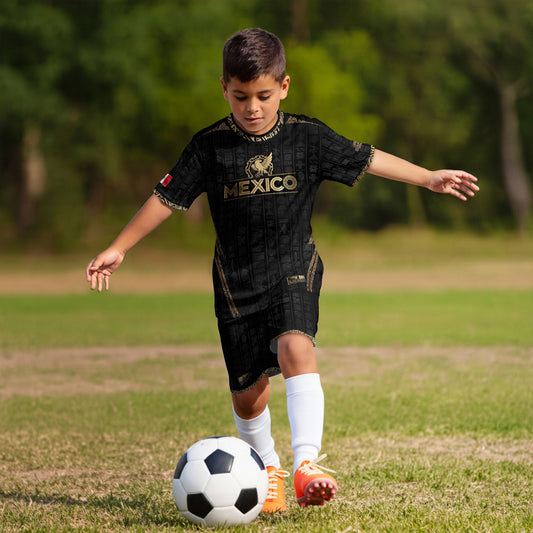 Mexico Tribal Black Gold Aztec Stone Engraving Kids Soccer Jersey