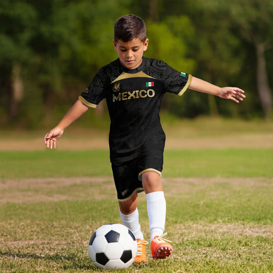 Mexico Team Apparel Black Gold Emblem Tribal Print Kids Soccer Jersey