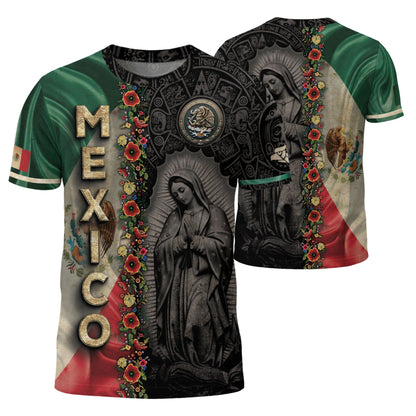 Mexico Heritage Shirt 3-Pack Bundle – Aztec Sun Stone Black Pattern + Aztec Pyramid Warrior Spirit + Guadalupe Floral Flag National Pride