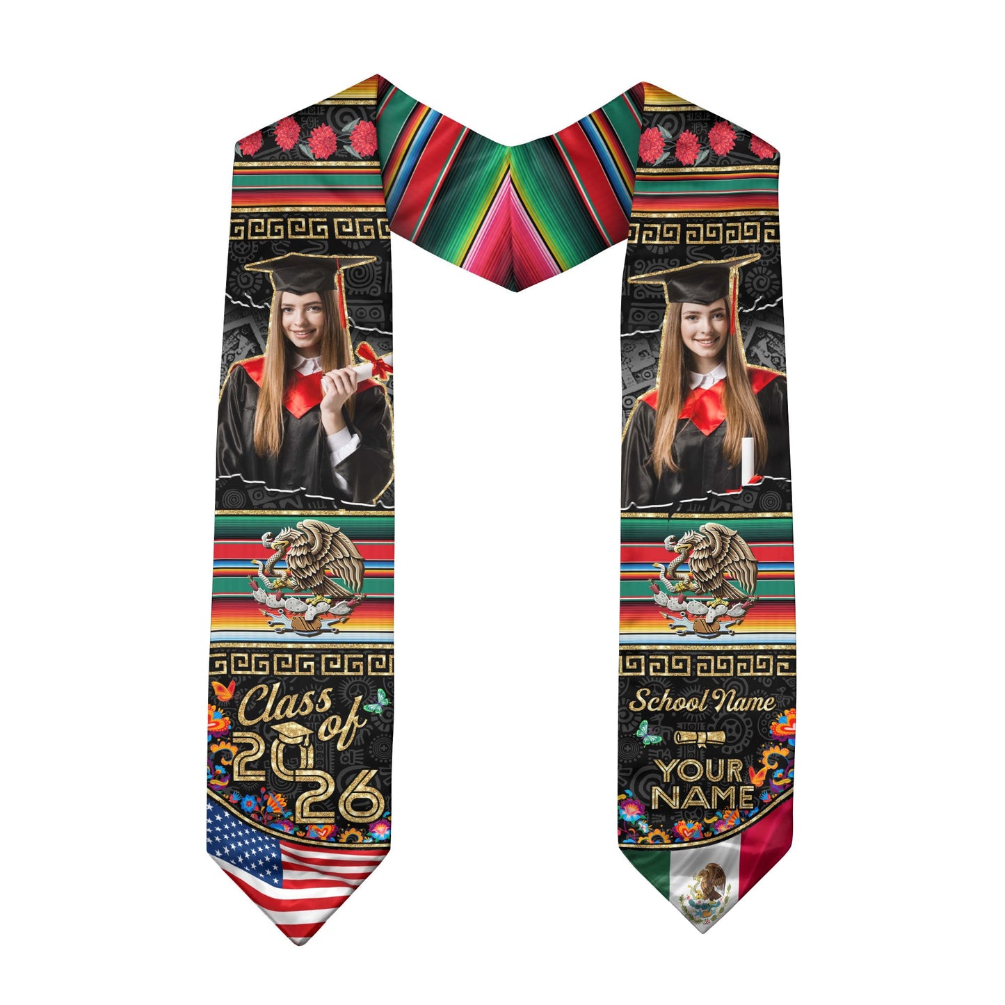 Custom Photo Mexican Graduation Stole 2026 Aztec Eagle & USA Flag Graduation Sash Mexican