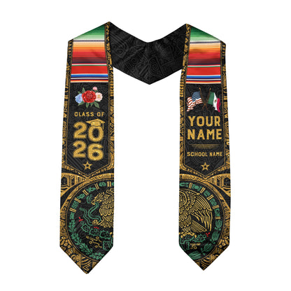 Personalized Class of 2026 Graduation Stole – Black & Gold USA Mexico Heritage Senior Sash with Serape Accent