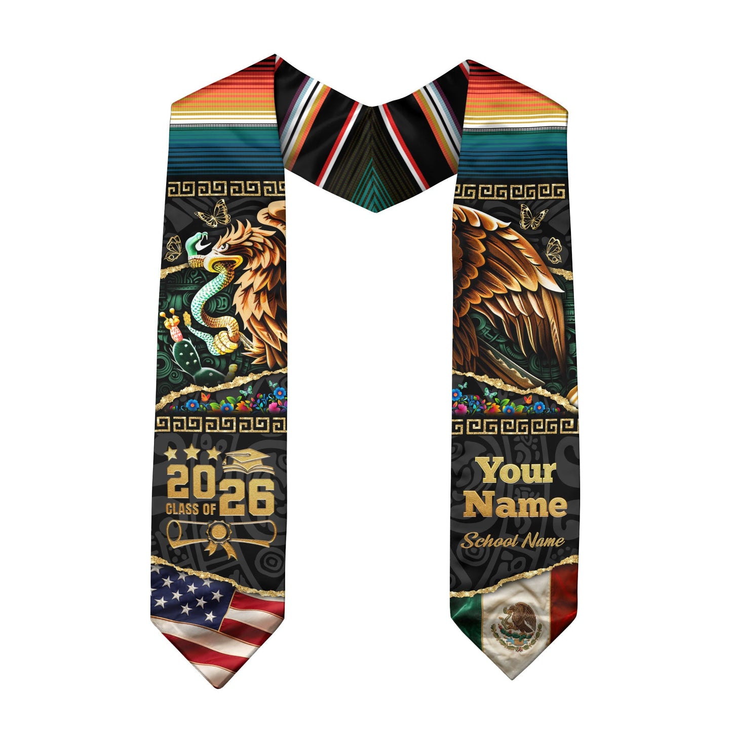 Custom Aztec Eagle Class of 2026 Graduation Stole – USA & Mexico Flag Personalized Senior Sash