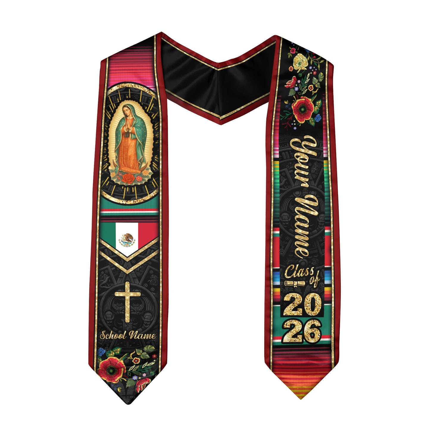 Custom Virgen de Guadalupe Christian Graduation Stole 2026 – Personalized Class of 2026 Senior Sash with Cross & Floral Design