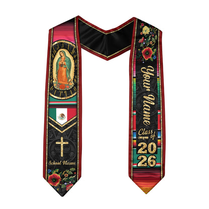 Custom Virgen de Guadalupe Christian Graduation Stole 2026 – Personalized Class of 2026 Senior Sash with Cross & Floral Design