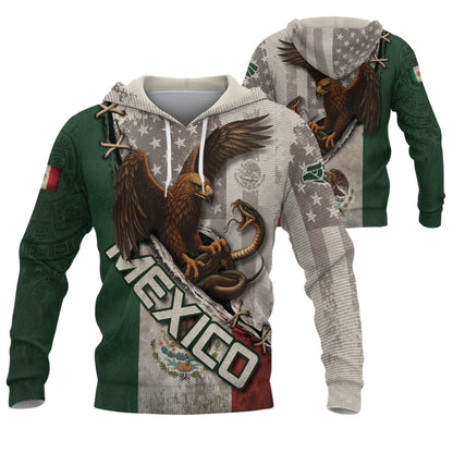 Mexico Flag Eagle Serpent Aztec Pattern Heritage Power Warrior Pride Hoodie