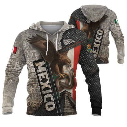 Mexico Flag Eagle Serpent Aztec Pyramid Stone Steel Heritage Warrior Pride Hoodie