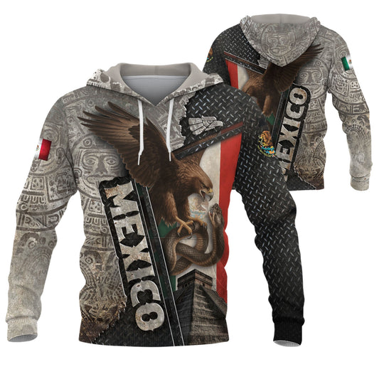 Mexico Flag Eagle Serpent Aztec Pyramid Stone Steel Heritage Warrior Pride Hoodie