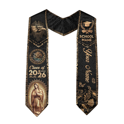 Mexican Graduation Stole 2026 Custom Mexico Sash Virgin Mary Cross Aztec Patterns