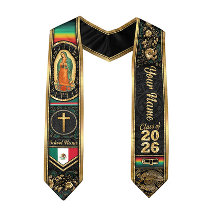 Mexican Graduation Stole Aztec Eagle Virgin Mary Cross Floral Flag Custom Sash