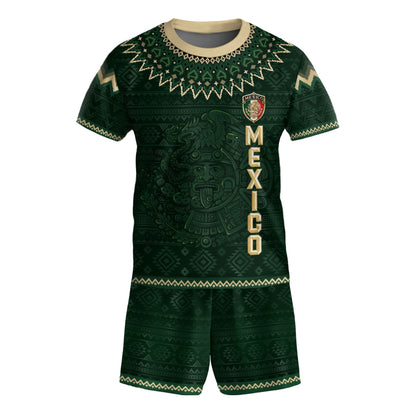 Mexico Soccer Jersey Kids Set Green Gold Aztec Calendar Youth Football Shirt Shorts