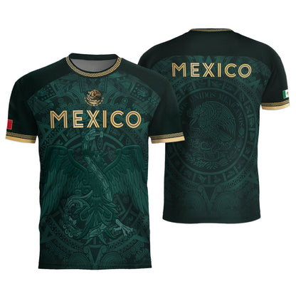 Mexico Heritage Orgullo Mexicano Green Gold Eagle Aztec Calendar Soccer Jersey