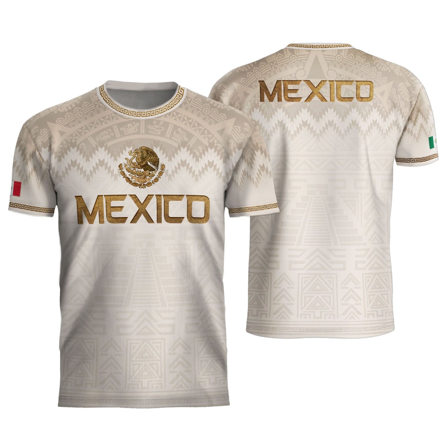 Mexico Heritage Orgullo Mexicano Beige Gold Aztec Pyramid Sun Stone Soccer Jersey