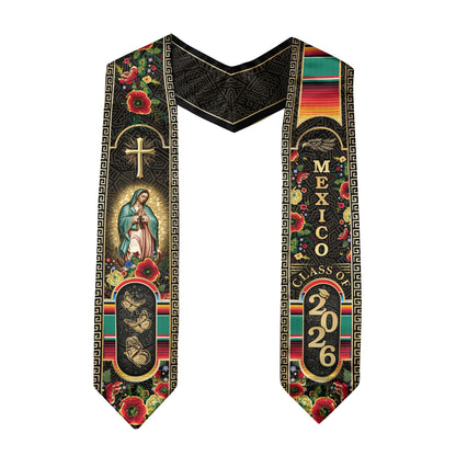 Mexican Graduation Stole Class of 2026 Aztec Cross Virgin Mary Butterfly Floral Mexico Sash