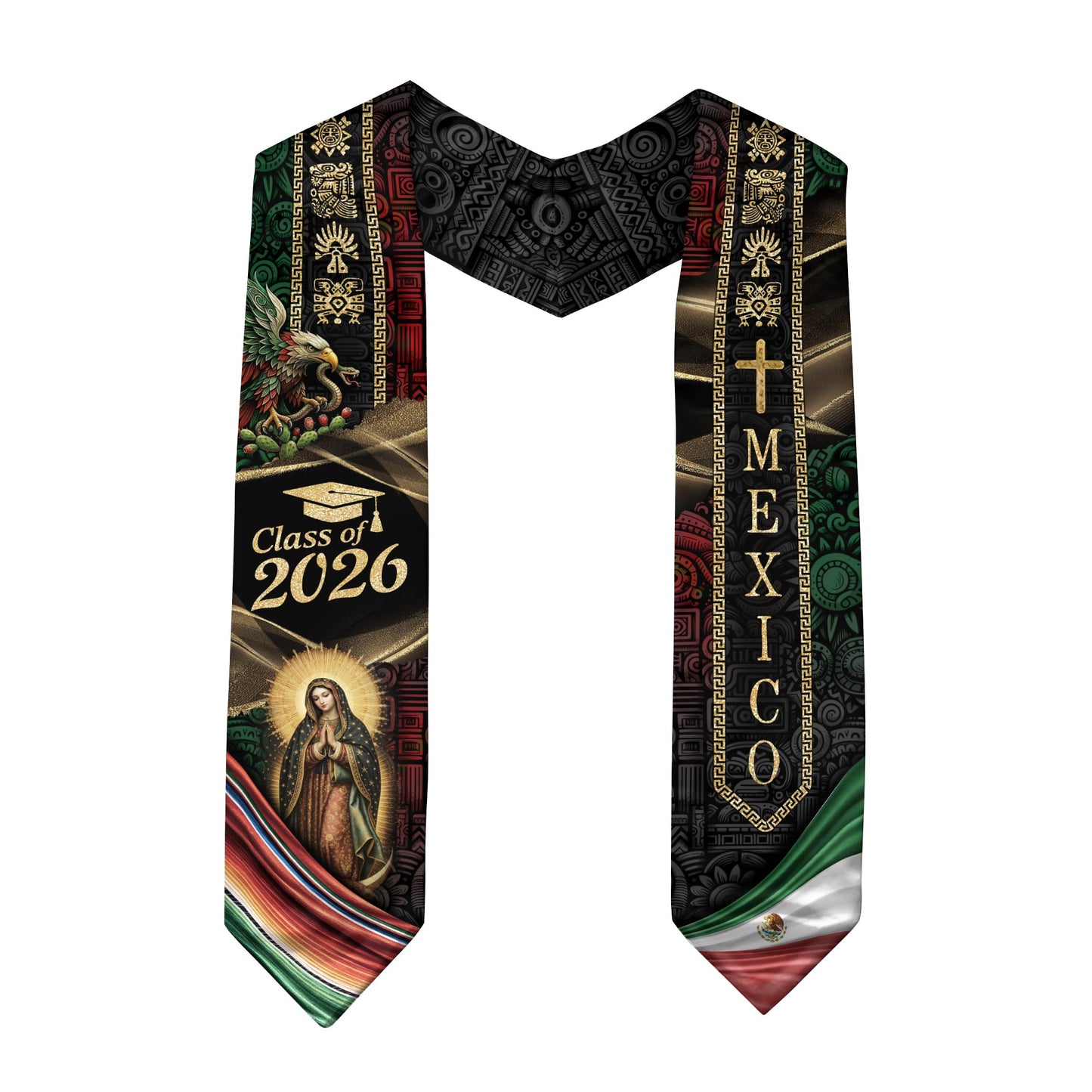 Mexican Graduation Stole Class of 2026 Aztec Eagle Virgin Mary Cross Mexico Flag Serape Sash