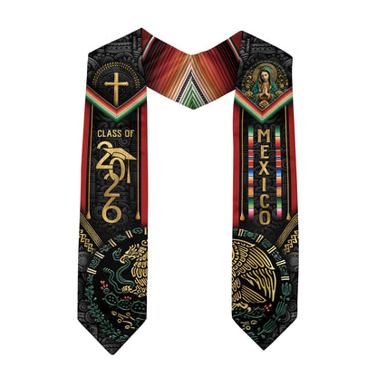 Mexican Graduation Stole Class of 2026 Aztec Calendar Eagle Cross Virgin Mary Mexico Sash