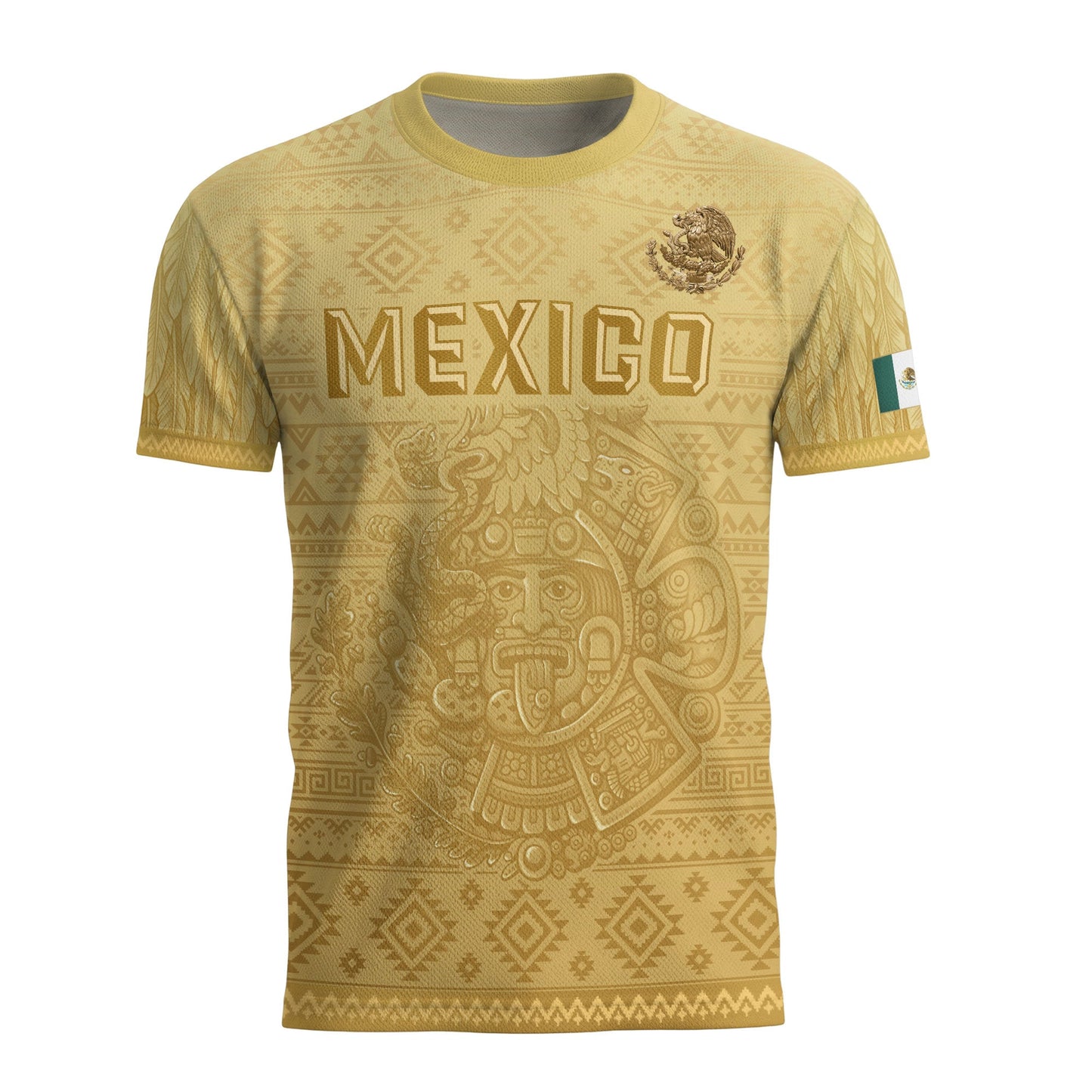 Mexico Heritage Soccer Jersey, Yellow Gold Aztec Calendar Design Sports Jersey for Men