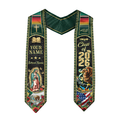 Custom Mexico USA Graduation Stole 2026 Virgin of Guadalupe Eagle Mexican American Heritage Sash