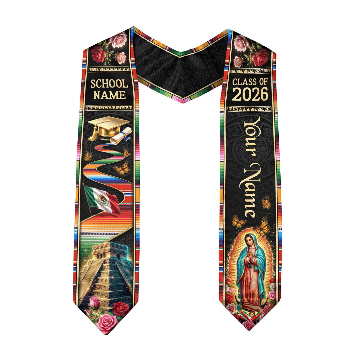 Mexico Graduation Stole Class of 2026 Custom Name Virgin Mary Sacred Heart Sash