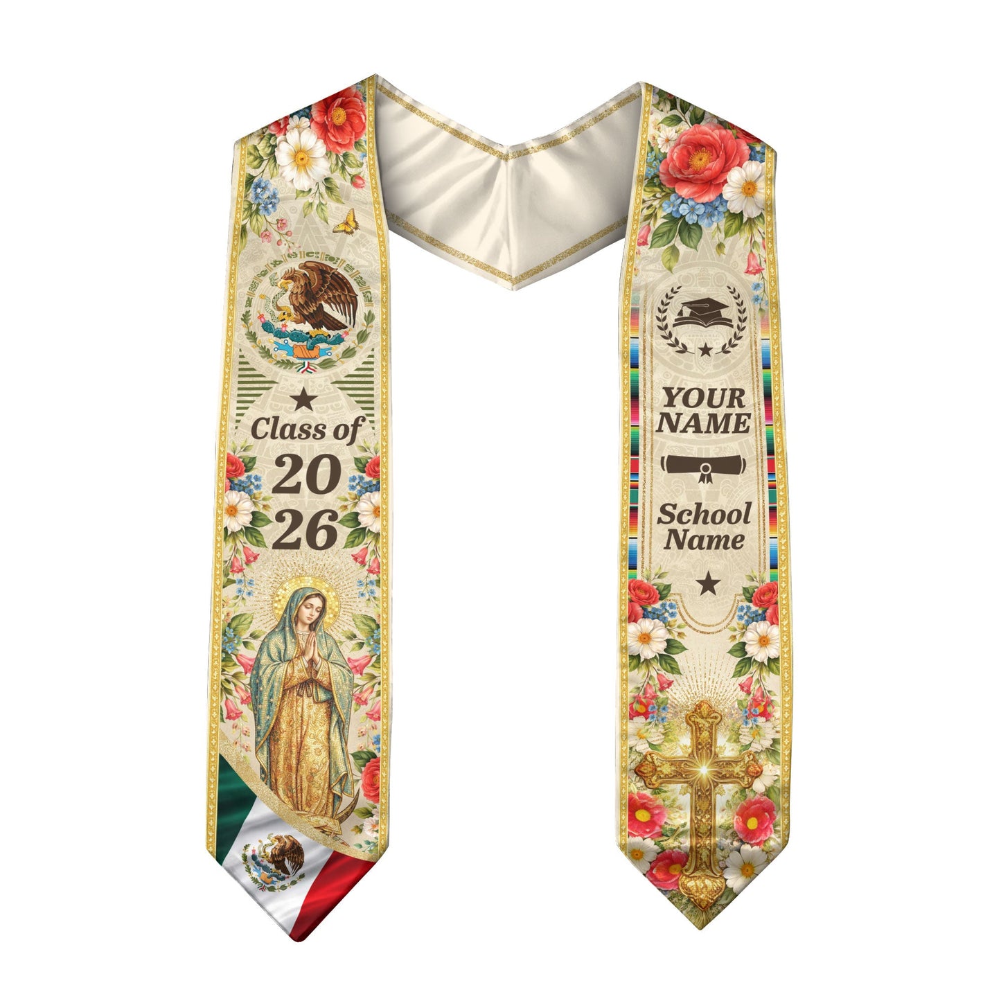 Personalized Mexican Graduation Stole - Class of 2026 Custom Name Floral Aztec Sash