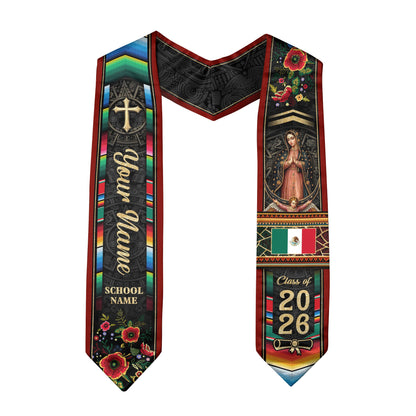 Custom Mexico Graduation Stole 2026 - Mexican Red Serape & Virgin of Guadalupe Sash