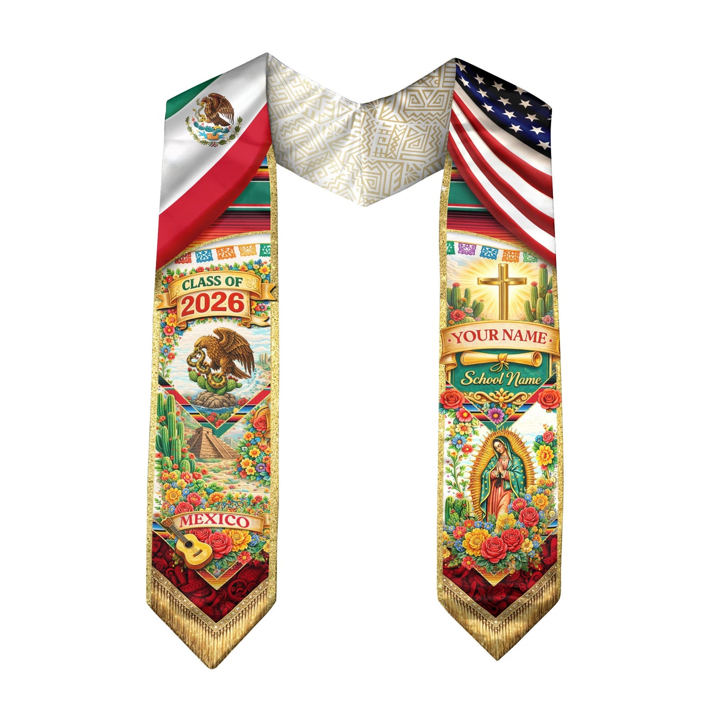 Custom Mexico Graduation Stole 2026 – Eagle Guadalupe USA Flag Serape Sash