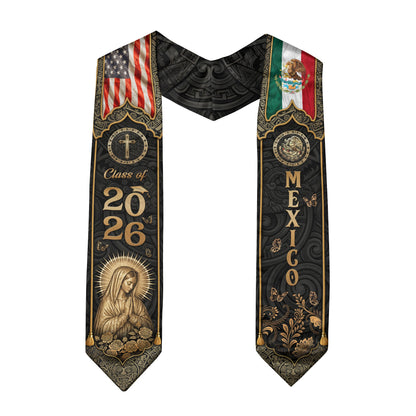 Mexico Graduation Stole Class of 2026 - Virgin Mary Gold Heritage Catholic Sash