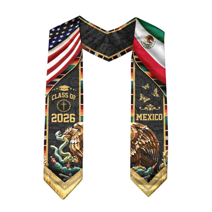 Mexico USA Graduation Stole Class of 2026 - Virgin Mary Dual Flag Heritage Sash