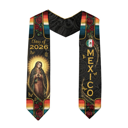 Mexico Graduation Stole 2026 - Floral Gold Cross Heritage Serape Sash