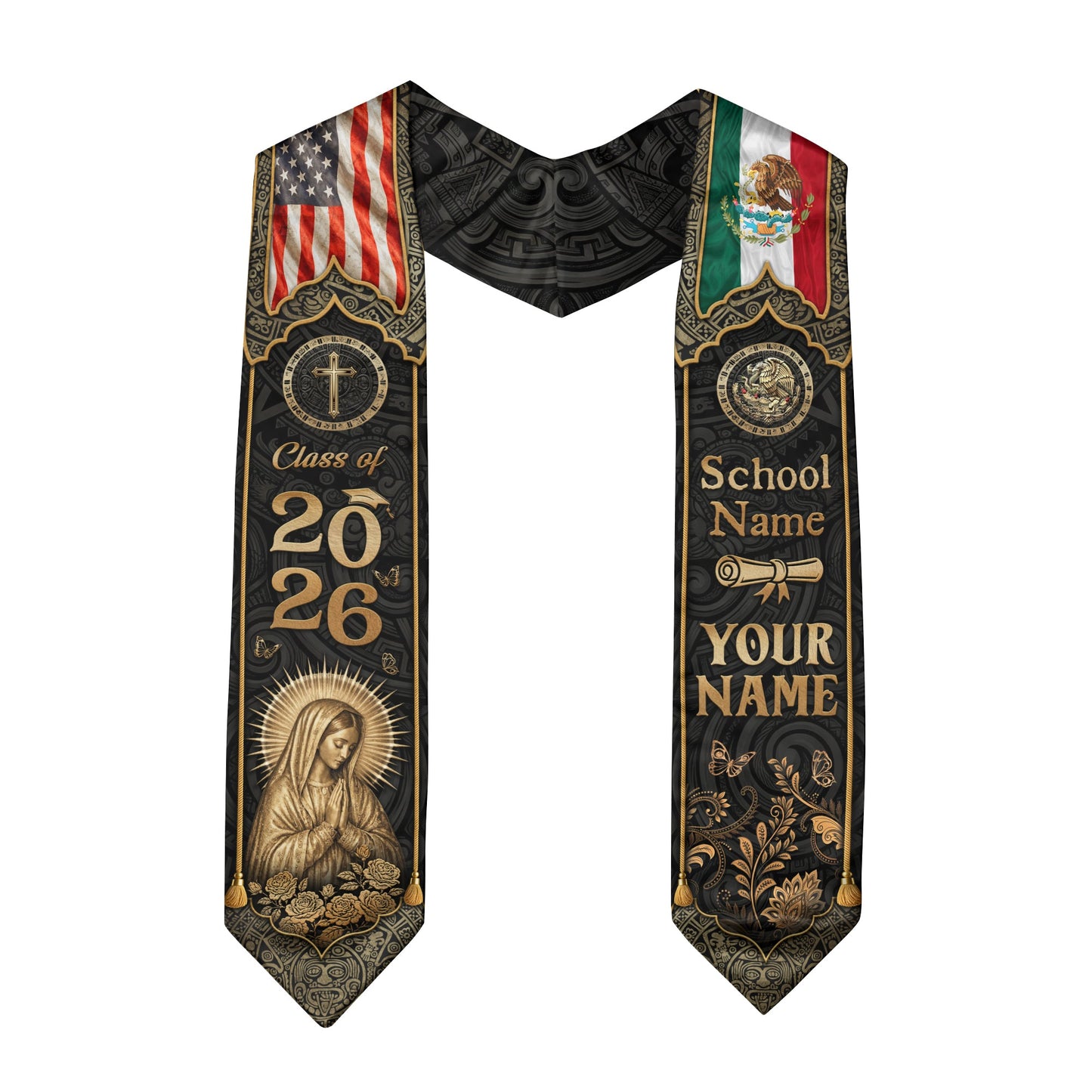 Mexico Graduation Stole Custom Name Class of 2026 USA Flag Virgin Mary Heritage Sash
