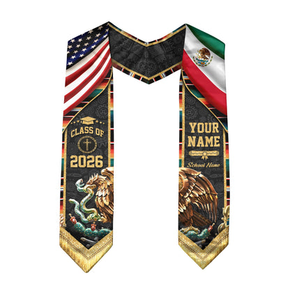 Mexico Graduation Stole 2026 Custom Name School USA Mexican Flag Eagle Heritage Sash