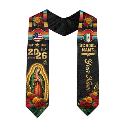 Mexican Graduation Stole 2026 – Virgin Mary, USA & Mexico Flag, Name & School Personalized Sash