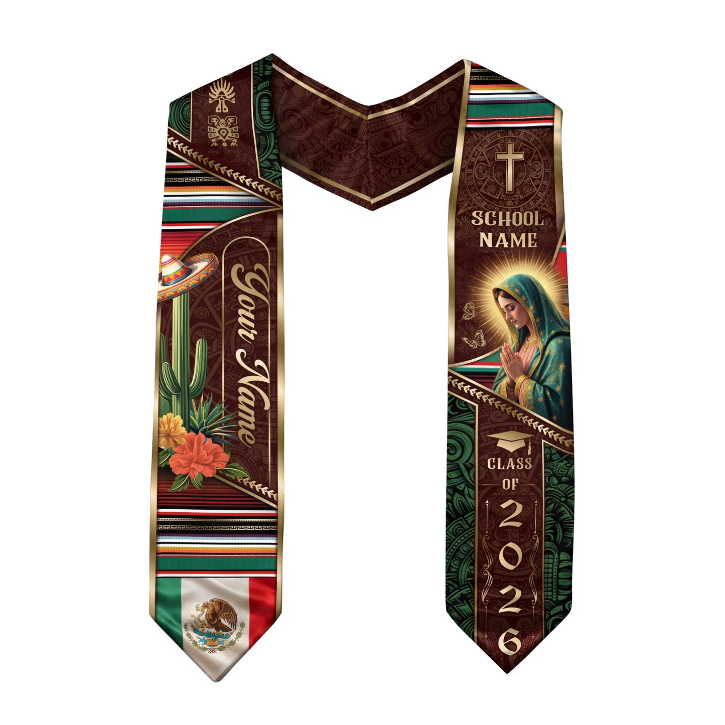 Custom Mexican Graduation Stole 2026 Virgin Mary Cactus Sombrero Name School Sash