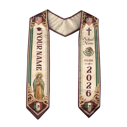 Custom Mexico US Flag Graduation Stole 2026 - Our Lady of Guadalupe Heritage Sash